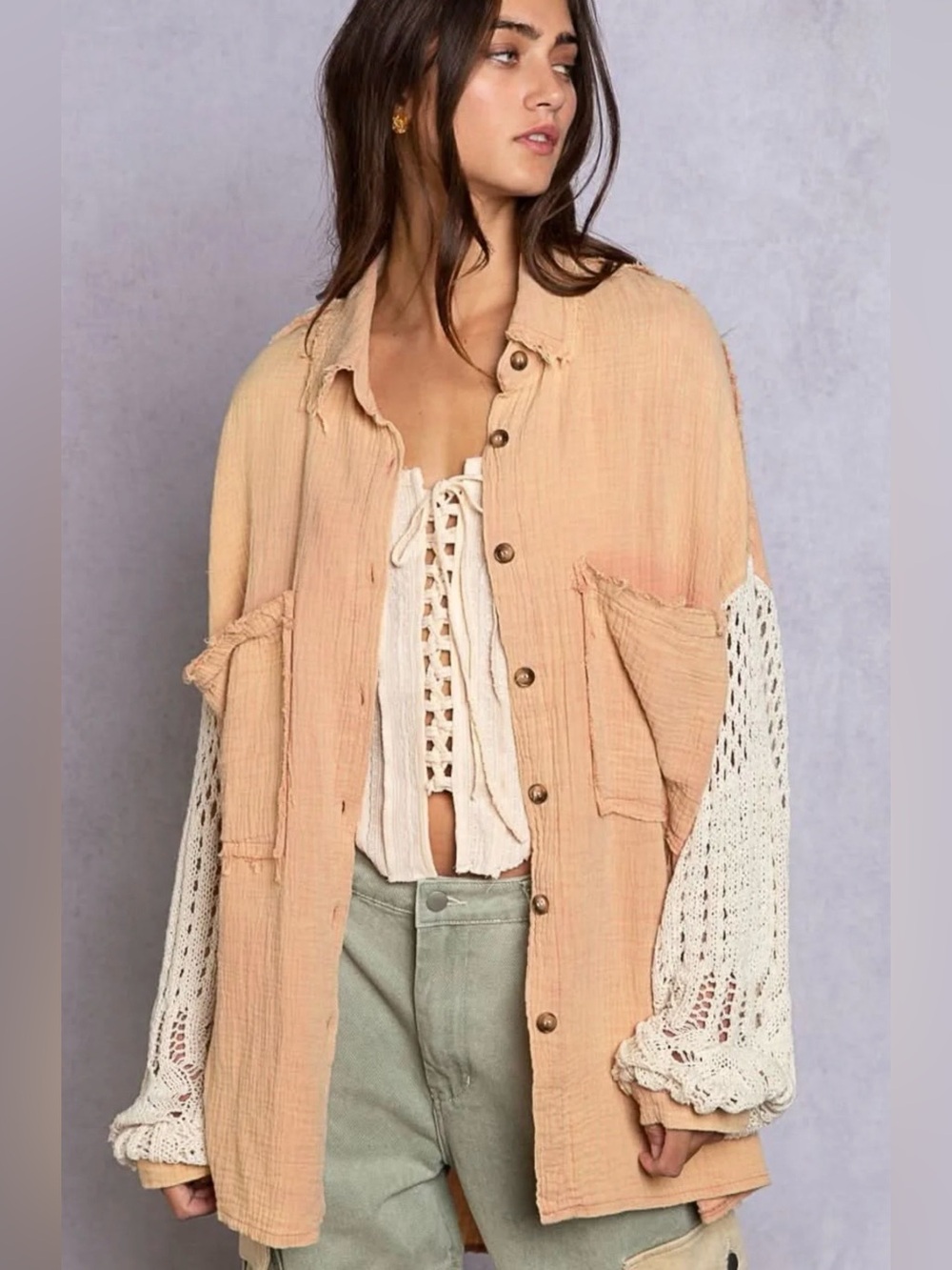 POL Lesley Dusty Peach Crochet Sleeve Shacket